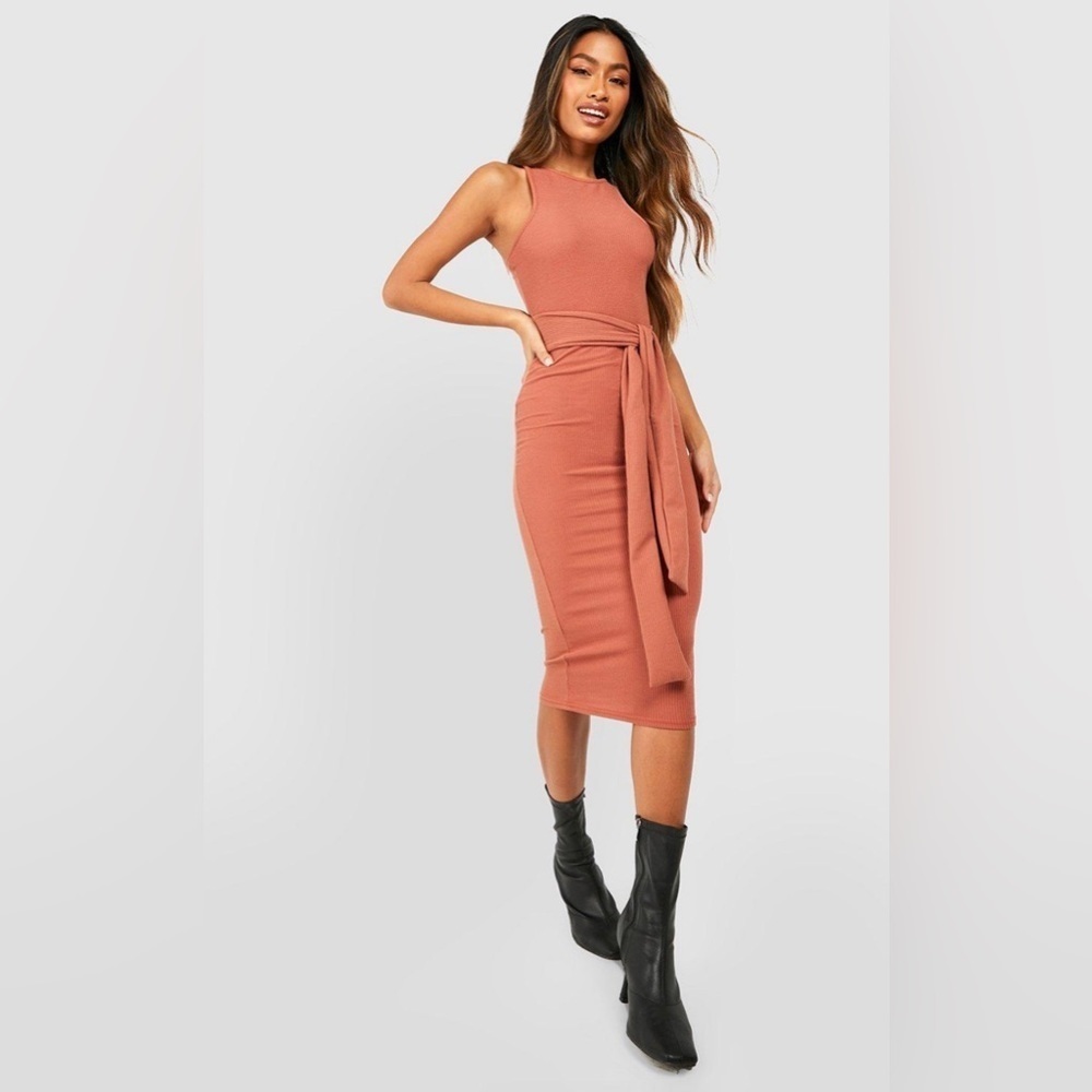 Boohoo Ripple Ribbed Racer Tie Front Midi Dress In Rust Size 12 UK Size